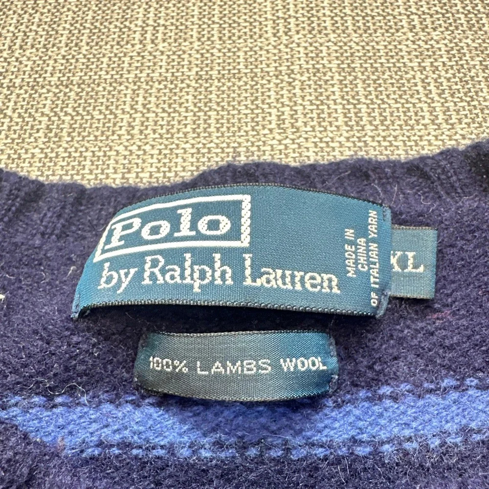 Vintage Polo Ralph Lauren Sweater Mens L / XL Blue Striped 100% Lambs Wool Crew*
